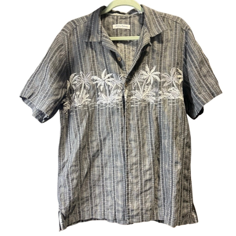 Tommy Bahama Gray Striped Palm Shirt M